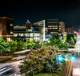Photo of A View of Campus at night.